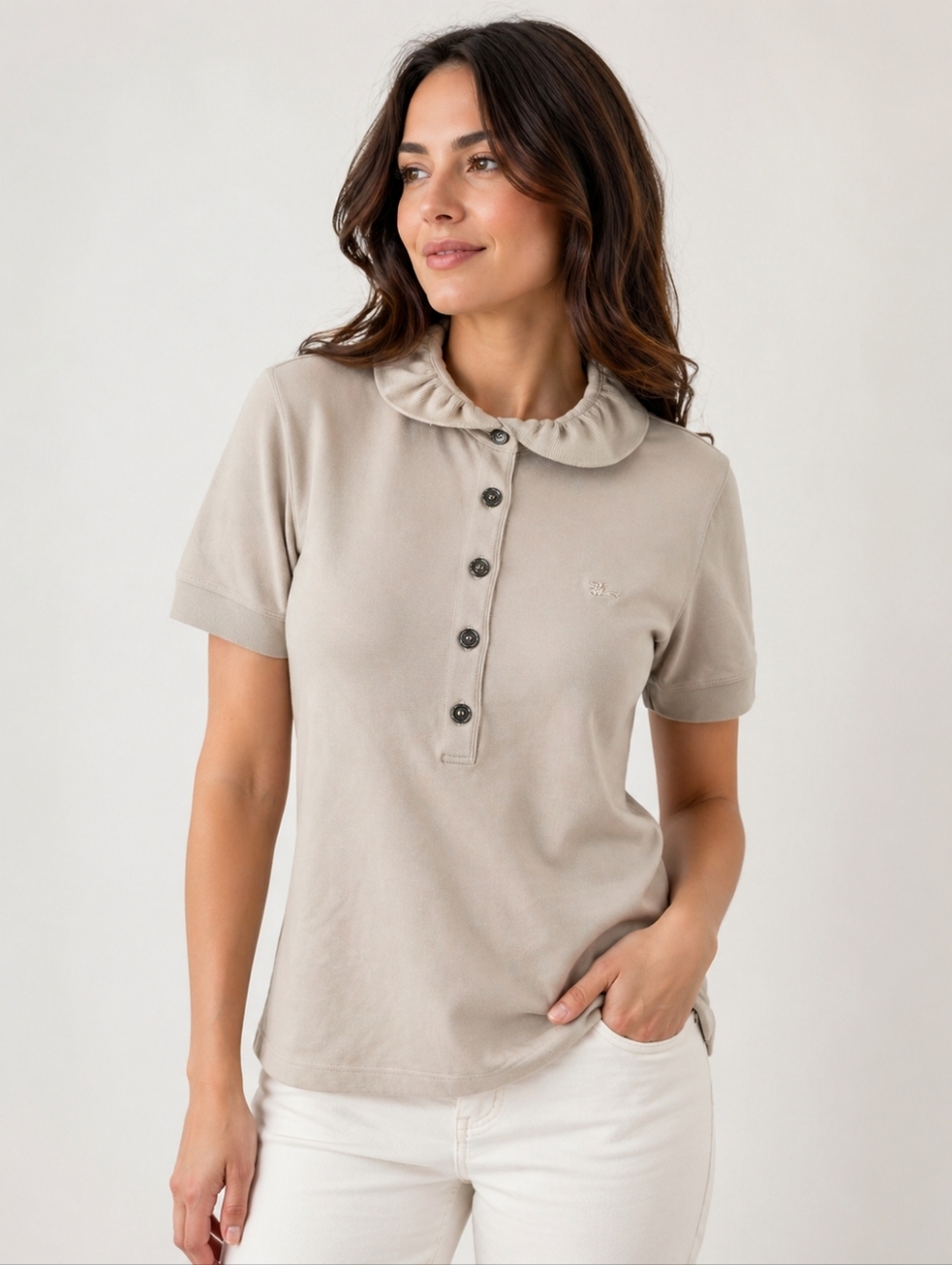 Burberry Light Beige Ruffle-Neck Polo Shirt